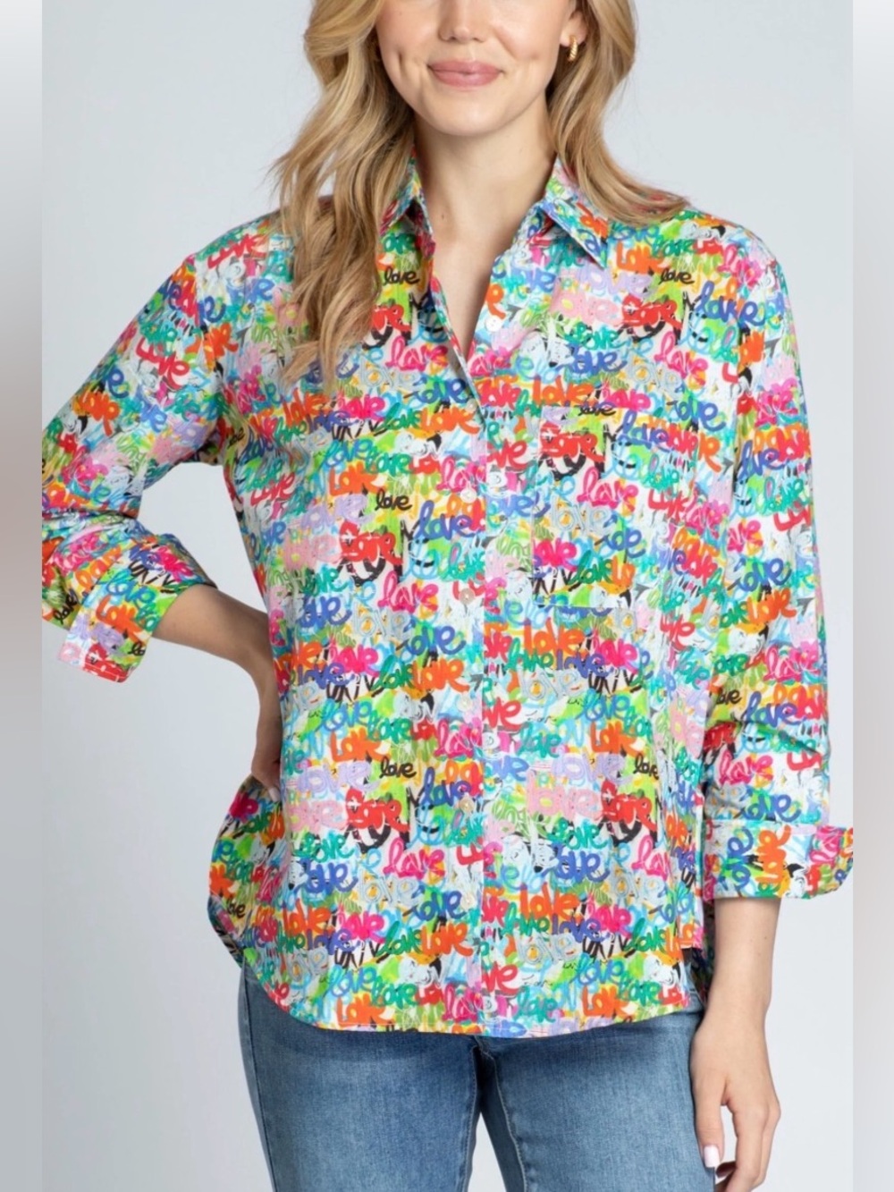 APNY Boyfriend Button-up Shirt  Multicolor 'Love' Graffiti